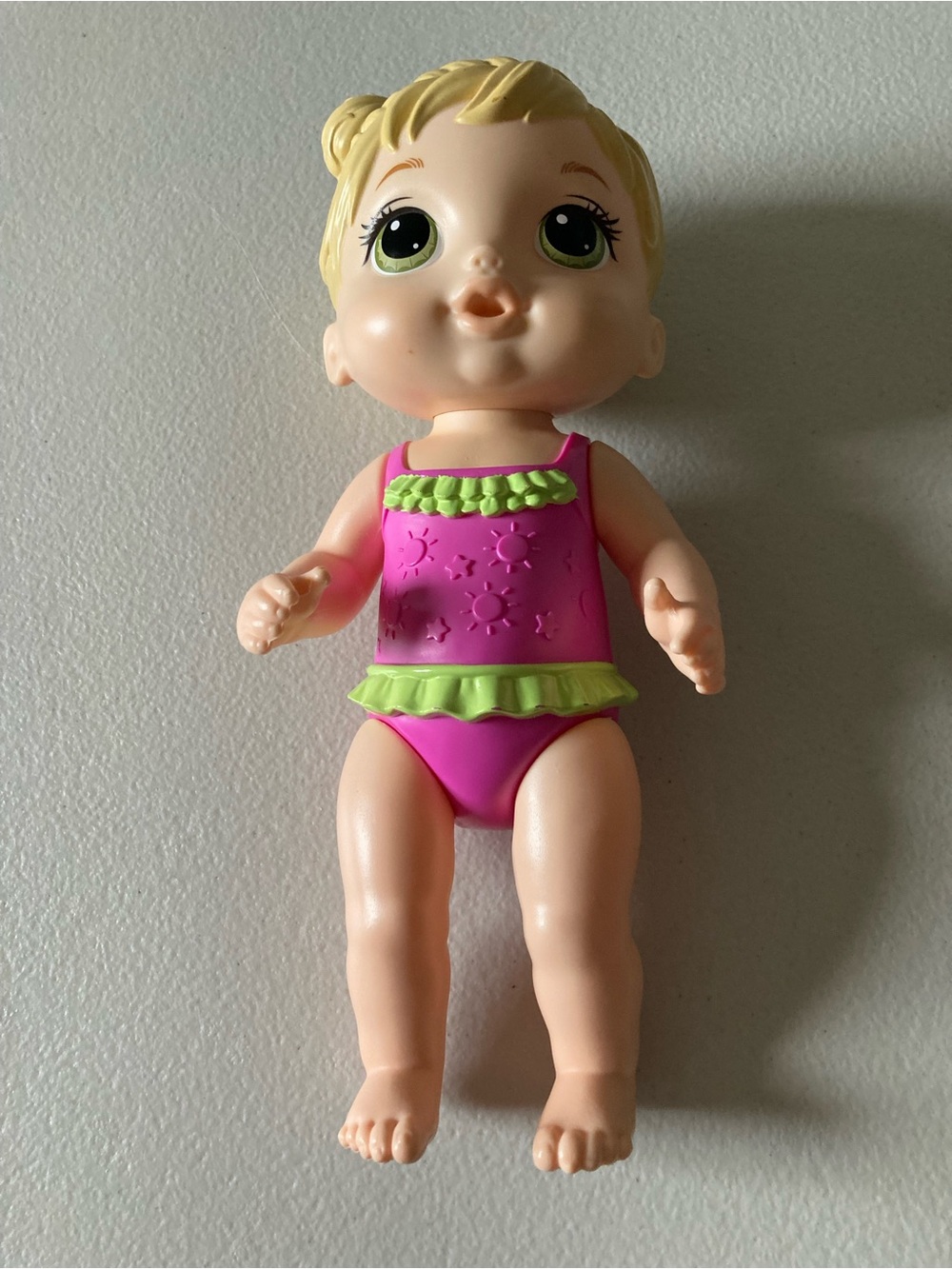 Hasbro Baby Alive 10in Girl Doll Blonde Molded Hair Green Eyes Pink Swimsuit